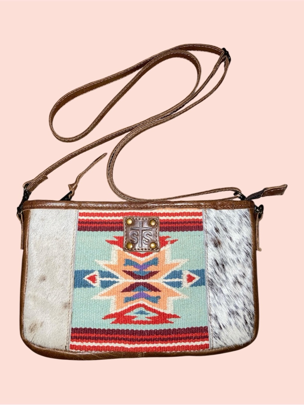 STS Ranchwear Brown Leather Crossbody with Turquoise and Red Aztec Panel